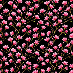 Beautiful seamless  pattern with japanese flowers, paradise flowers, magnolias, spring wallpaper, branches. Perfect for wallpapers, web page backgrounds, surface textures, textile.
