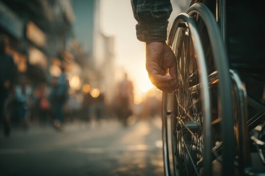 A close-up of a man's hand on a wheelchair wheel, with a blurry urban background at sunset, showcasing resilience and accessibility for people with disabilities.