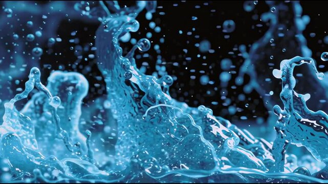 Blue water splashes in the air. Drops and waves move with energy.