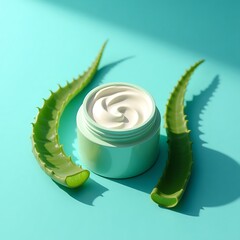 Aloe Vera Cream Jar on Teal Background, Natural Skincare