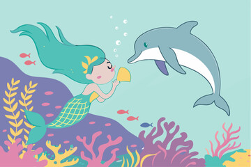 Magical mermaid and dolphin swim together in enchanting underwater scene