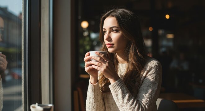 Young woman sipping coffee while sitting by the window in cafe  