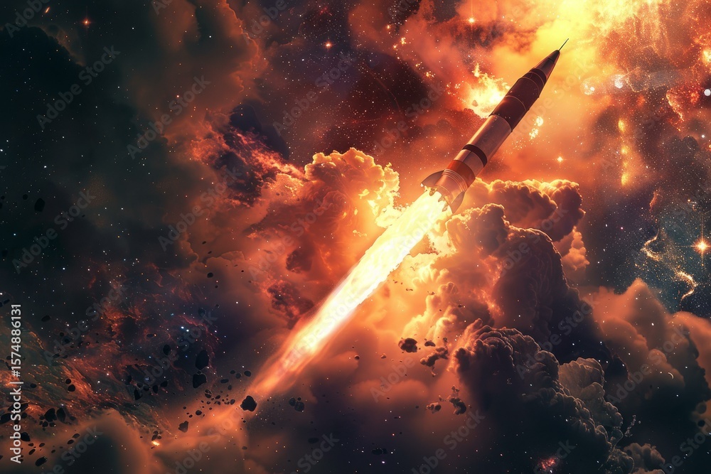 Wall mural powerful rocket propelling itself through a nebula and asteroid field, embarking on an interstellar 