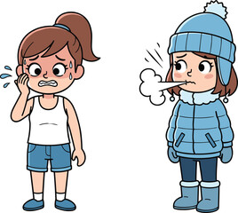 Cartoon girls reacting to extreme hot and cold weather, summer heatstroke and winter chill, seasonal clothing contrast, emotional expressions, illustration