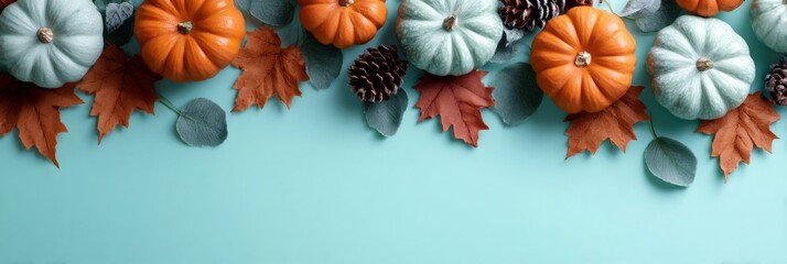 Autumn border featuring pumpkins, leaves, and pine cones on teal background