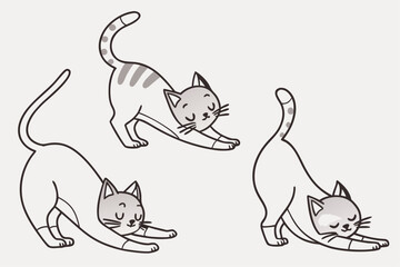 Collection of funny cats performing various yoga poses in a minimalist style