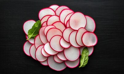 Circular slices arranged elegantly against a dark background, two green leaves add freshness