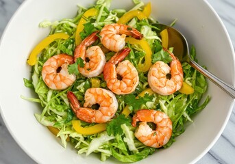 Fresh shrimp and cabbage salad with yellow bell peppers