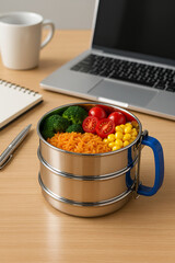 Tiffin box with meal on the office table.