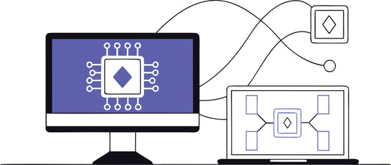 Futuristic AI network connecting to a computer symbolizing artificial intelligence machine learning and digital transformation with a modern tech focused design and vibrant color palette