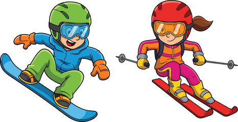 Cartoon kids skiing and snowboarding in winter sports gear, fun outdoor activity, mountain adventure, colorful illustration, snow holiday, active children
