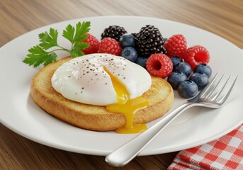 Delicious poached egg on toast with fresh berries and parsley