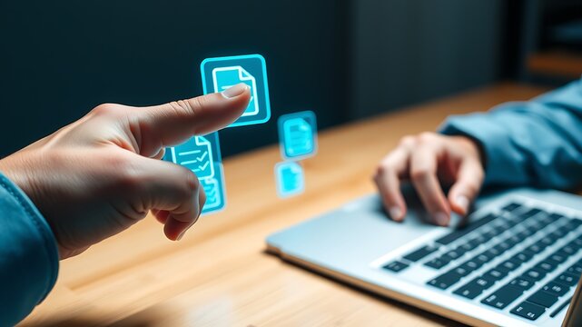 Finger touching digital document icons near laptop image