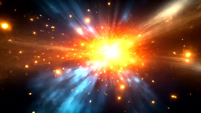 Abstract colorful cosmic explosion, supernova with orange blue fire sparks particle