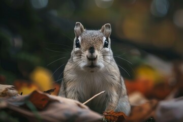Close up of a curious chipmunk surrounded by colorful autumn leaves, creating a charming wildlife scene