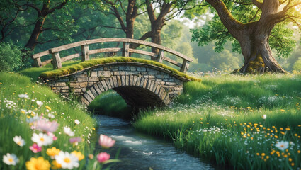 Serene Stone Bridge Over a Stream in Nature