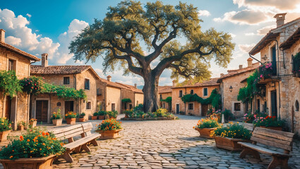 Charming Village Square with Oak Tree and Flower Pots