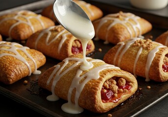 Delicious cherry danishes being glazed with icing on a baking sheet