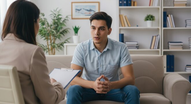 Young man sitting on sofa during counseling session in office  