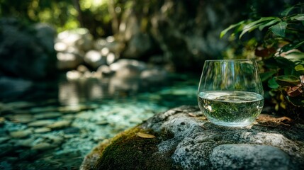 Clear water in glass placed on rocks beside stream outdoors, with text space
