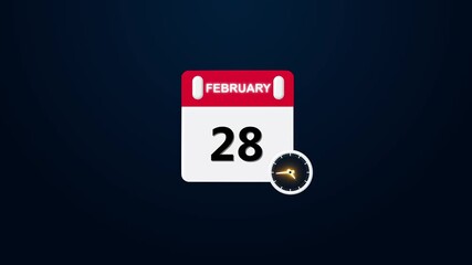 February month 28 date calendar icon ,A calendar and clock icon concept. scheduling and time management. Date counting calendar ,Chroma key 4k video ,Monthly calendar with spiral ring coil binding .