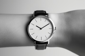 Minimalist wristwatch with white dial and silver strap on gray background, modern timepiece concept
