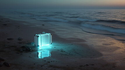 Glowing suitcase scanning beach like scanner