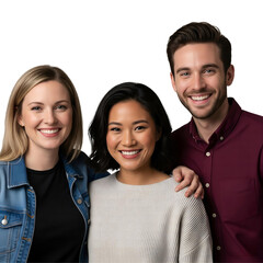 Three diverse and happy young friends, two women and a man, stand together smiling for the camera