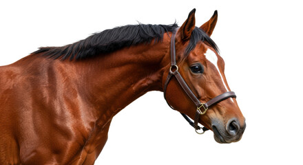 Obraz premium Majestic mature bay horse with rich reddish-brown coat, intelligent dark eye, white blaze, and long dark mane, in profile view on a pure transparent studio background with sharp focus and even