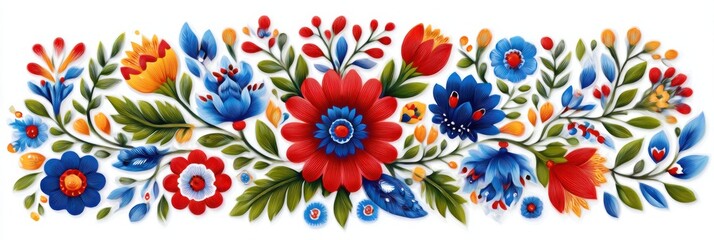 Traditional Polish embroidered fabric featuring vibrant floral patterns in red, blue, and green hues, showcasing intricate craftsmanship and cultural artistry with copy space