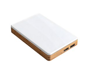 Modern External Hard Drive with White Glossy Top and Wood Finish – Minimalist Tech Storage Device
