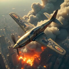 Vintage fighter plane flying over burning city high resolution image