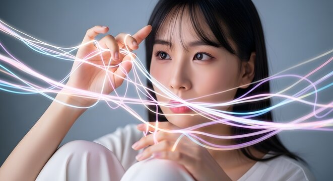 Young woman interacting with glowing abstract light trails, representing technology and connection - Powered by Adobe