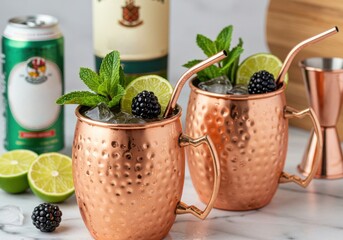 Refreshing Moscow Mule cocktail in copper mugs with blackberry, lime, mint and ice on white background