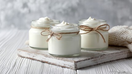 Close-up of glass jars filled with organic yogurt on a white wooden surface with copy space