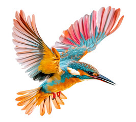 A bird with a blue and orange tail is flying in the air