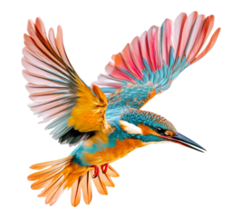A bird with a blue and orange tail is flying in the air