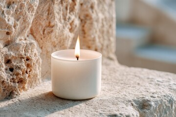 White candle with a gentle flame placed on a textured stone surface, creating a serene atmosphere, ideal for relaxation and mindfulness practices in tranquil settings