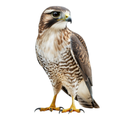 A large bird with a yellow beak stands on a white background