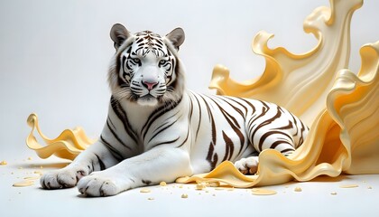 White tiger relaxing with creamy yellow splash background high resolution image