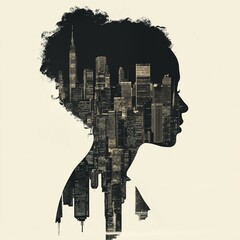 Silhouette Art Cityscape: Urban Female Profile Illustration in Modern Metropolitan Style