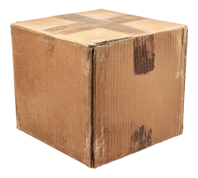 Worn old cardboard box isolated on transparent background