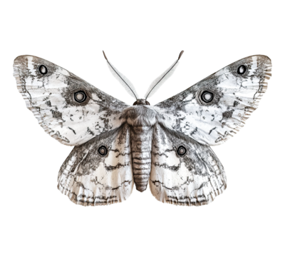 A large white moth with black eyes sits on a white background