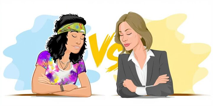 A hippie and a corporate suit debate with "VS" in the middle