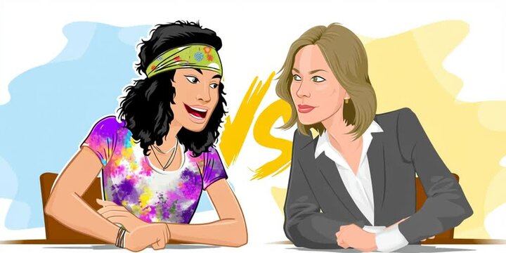 A hippie and a corporate suit debate with "VS" in the middle