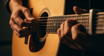 Fototapeta premium Close-up of Guitarists Hands Playing Acoustic Guitar Warm Lighting Musical Performance. 