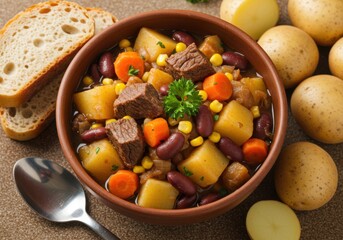 Hearty beef stew with potatoes carrots corn and beans served with bread