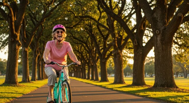 Elderly woman biking happily on a tree-lined path in the park   - Powered by Adobe