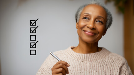 Happy and content senior African-American woman checking off boxes with accomplishments, copy space