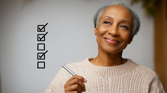 Happy and content senior African-American woman checking off boxes with accomplishments, copy space